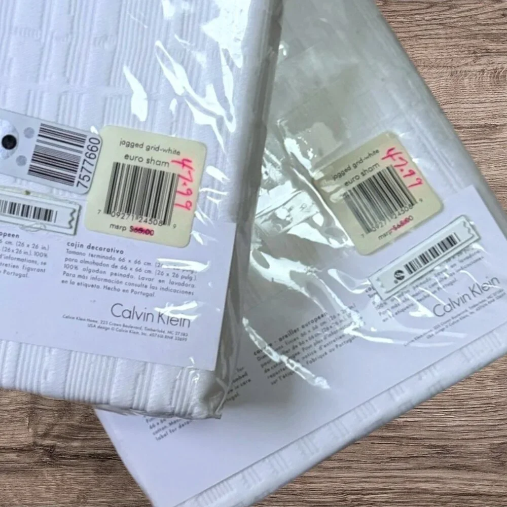 Calvin Klein Jagged Grid Euro Pillow Shams Pair White Textured Cotton Set 2 NWT - Picture 6 of 9